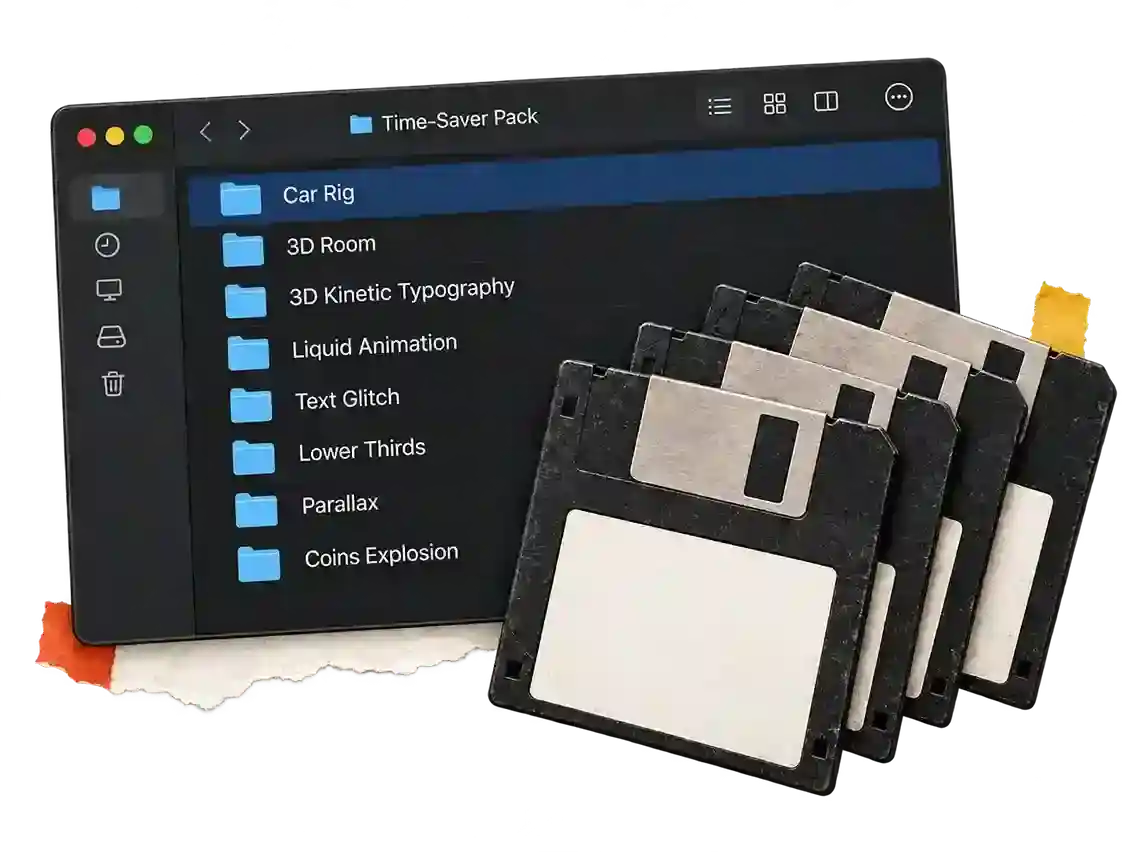 Selecție de proiecte din Time-Saver Pack într-o fereastră de fișiere, alături de dischete negre